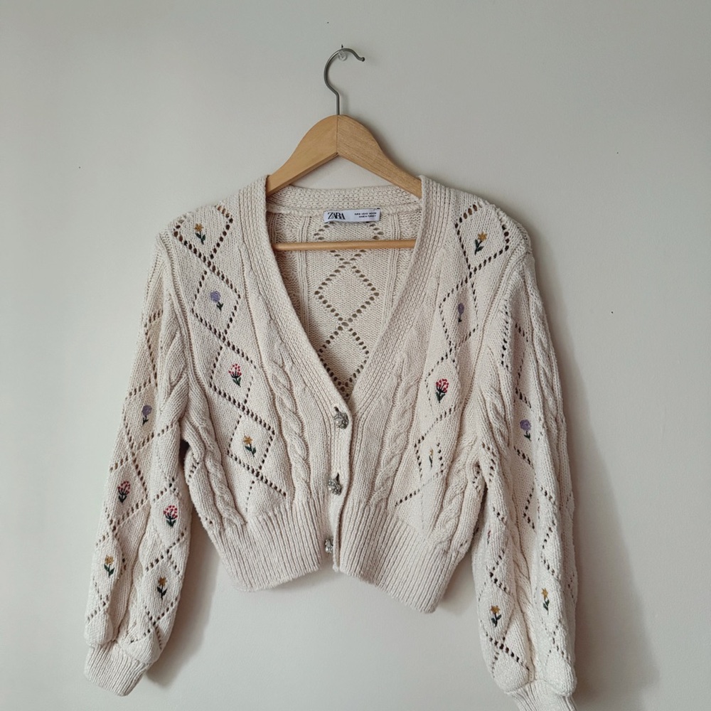 Zara Cream Knit Cardigan with Floral Embroidery
